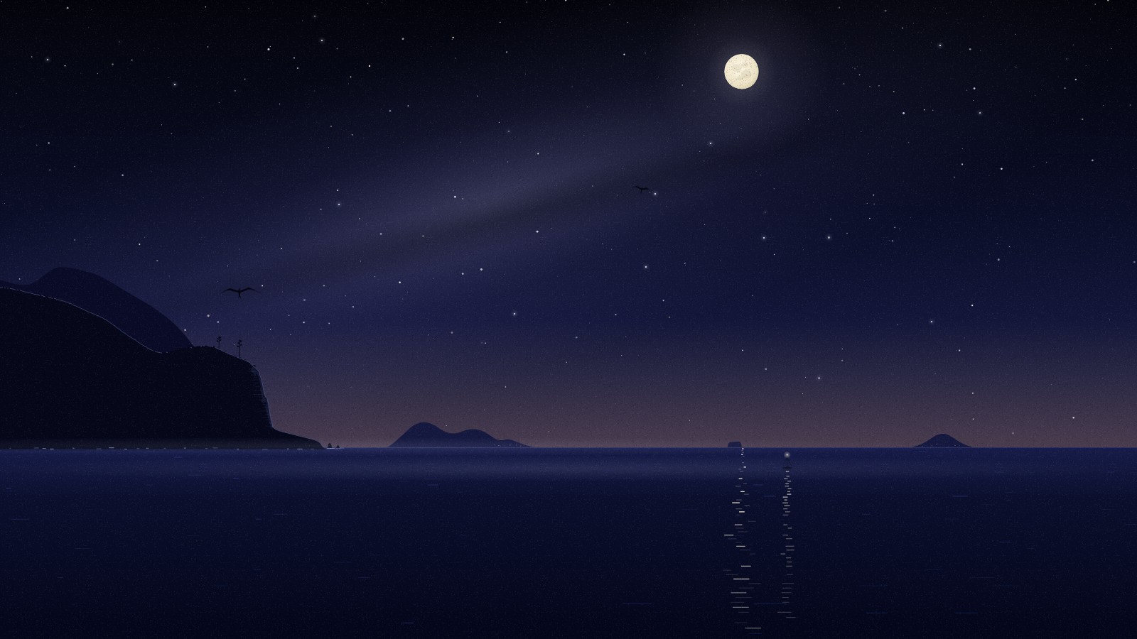 A night seascape from a headland on Antigua's west coast, looking over a calm sea to the dark outlines of Montserrat, Redonda and Nevis, under a bright moon and stars.